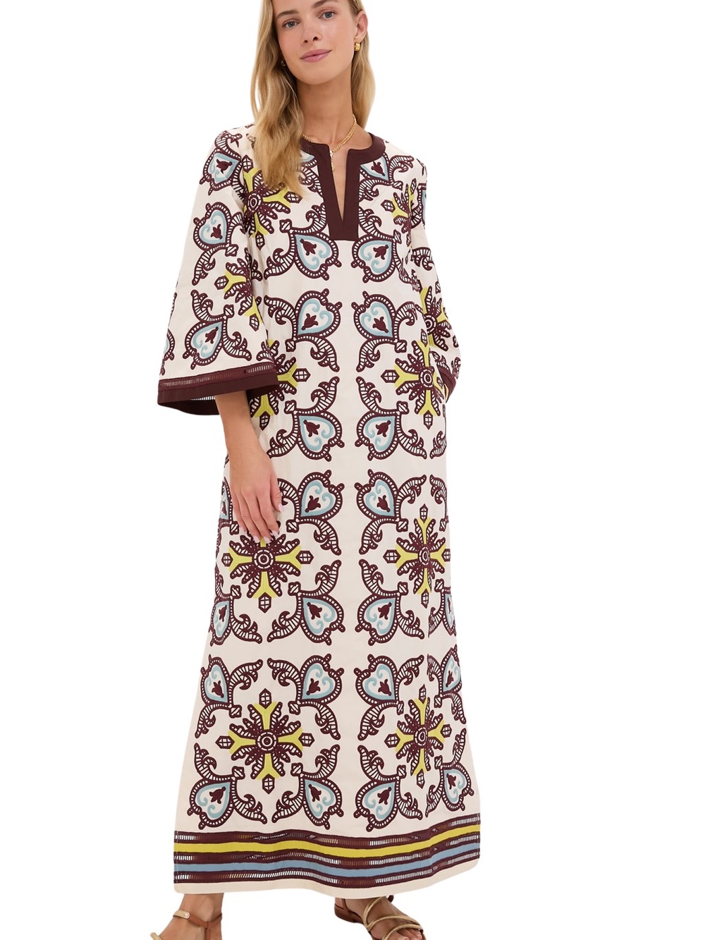 Tuckernuck Lorena Citron & Slate Blue Embroidered Caftan - NWOT